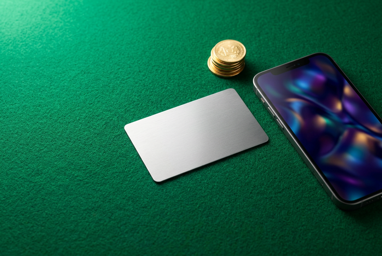 Plochý pohled na smartphone s platební kartou a mincemi na zeleném podkladu